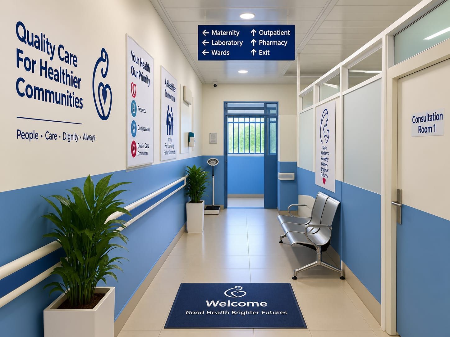 A corridor at MTMC with signs to maternity, the laboratory, outpatient and the pharmacy