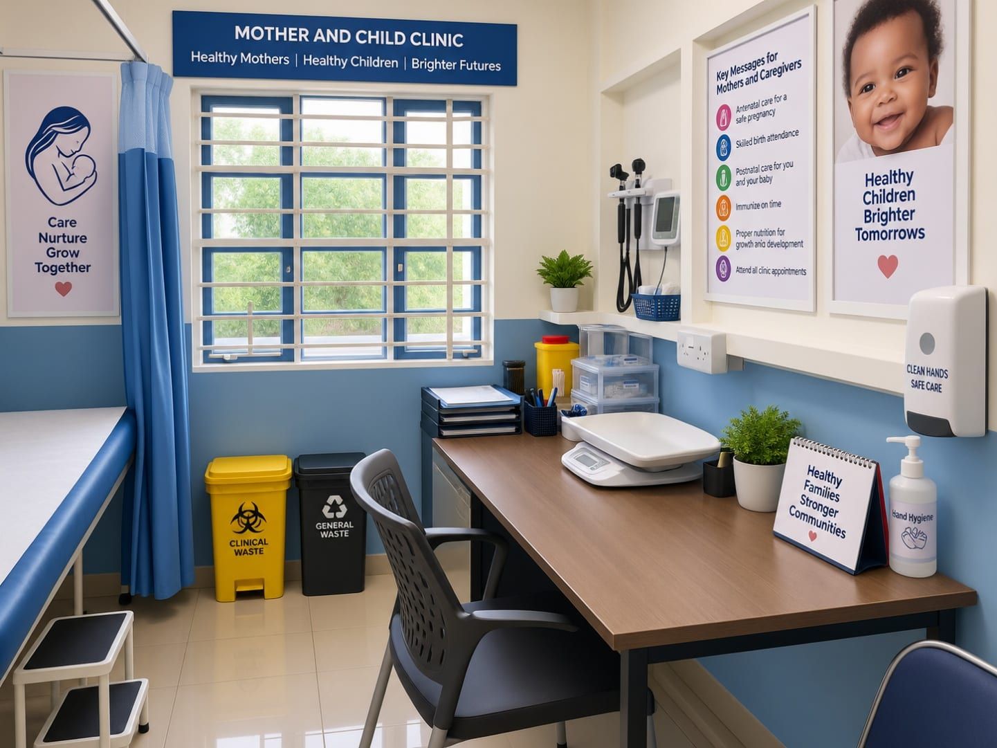 The mother and child clinic room at MTMC, with a baby weighing scale